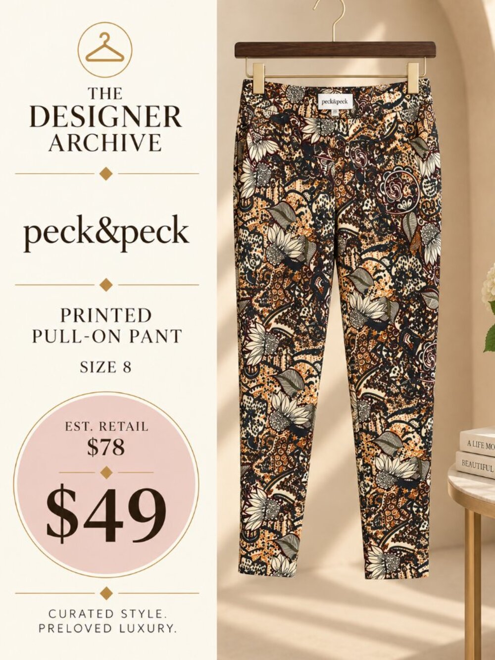Peck & Peck Printed Cigarette Pants Pull-On Stretch Size 8